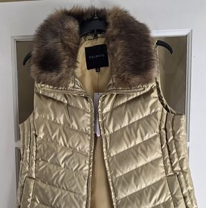 Talbots Metallic Gold Vest with Detachable Faux Fur Collar